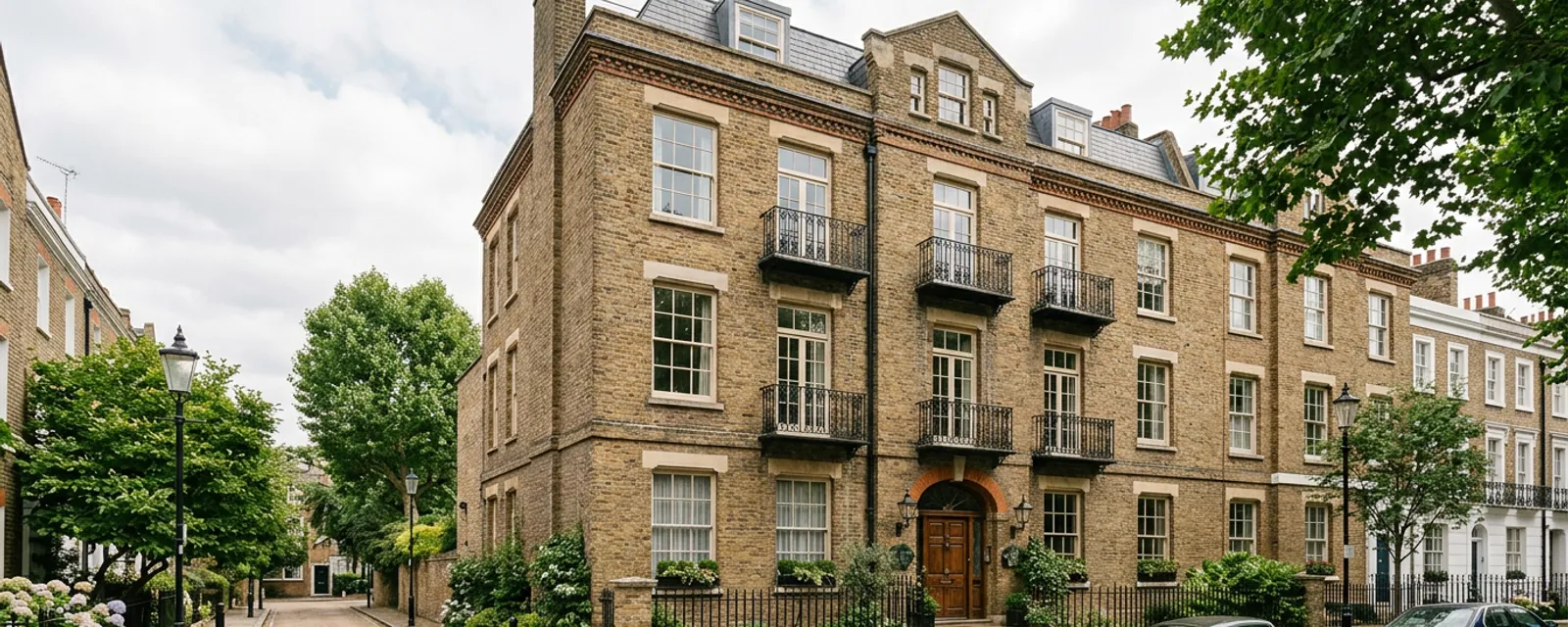 A period brick apartment building with balconies in an English city
