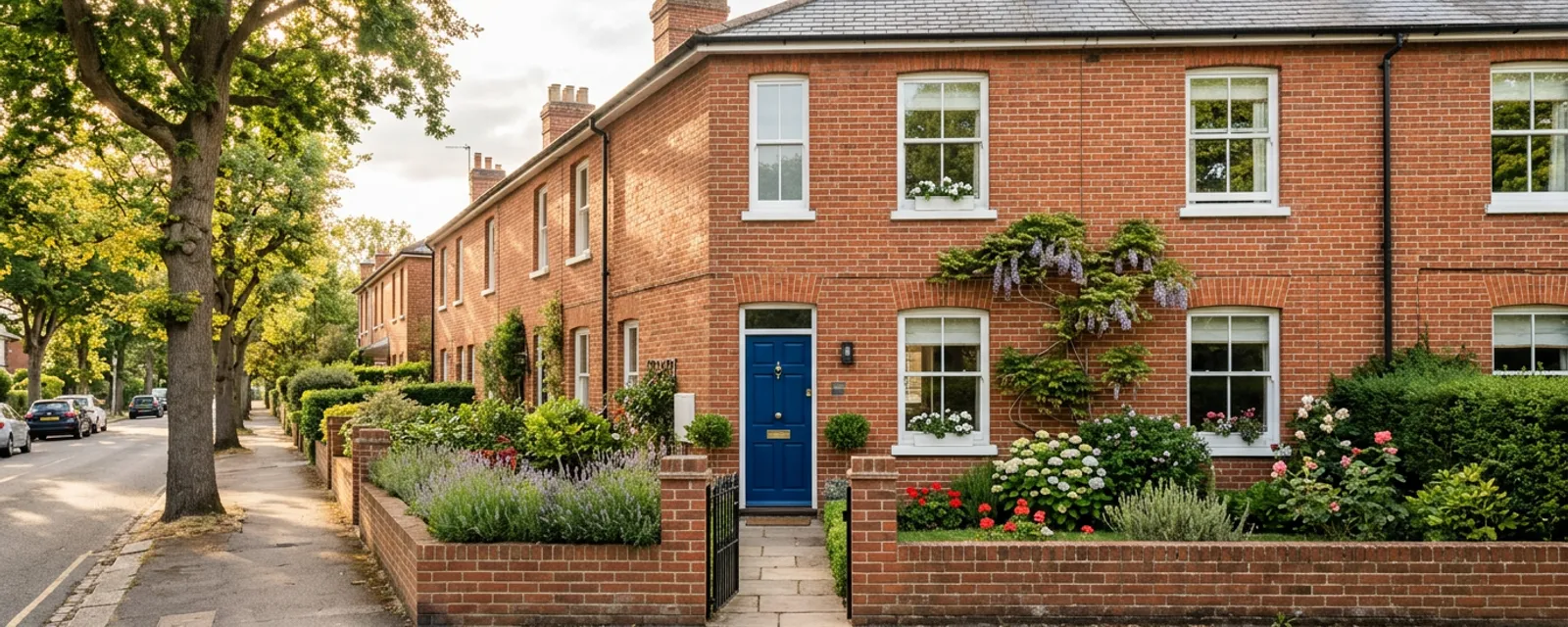 A red-brick terraced home with a blue front door on a quiet tree-lined English street
