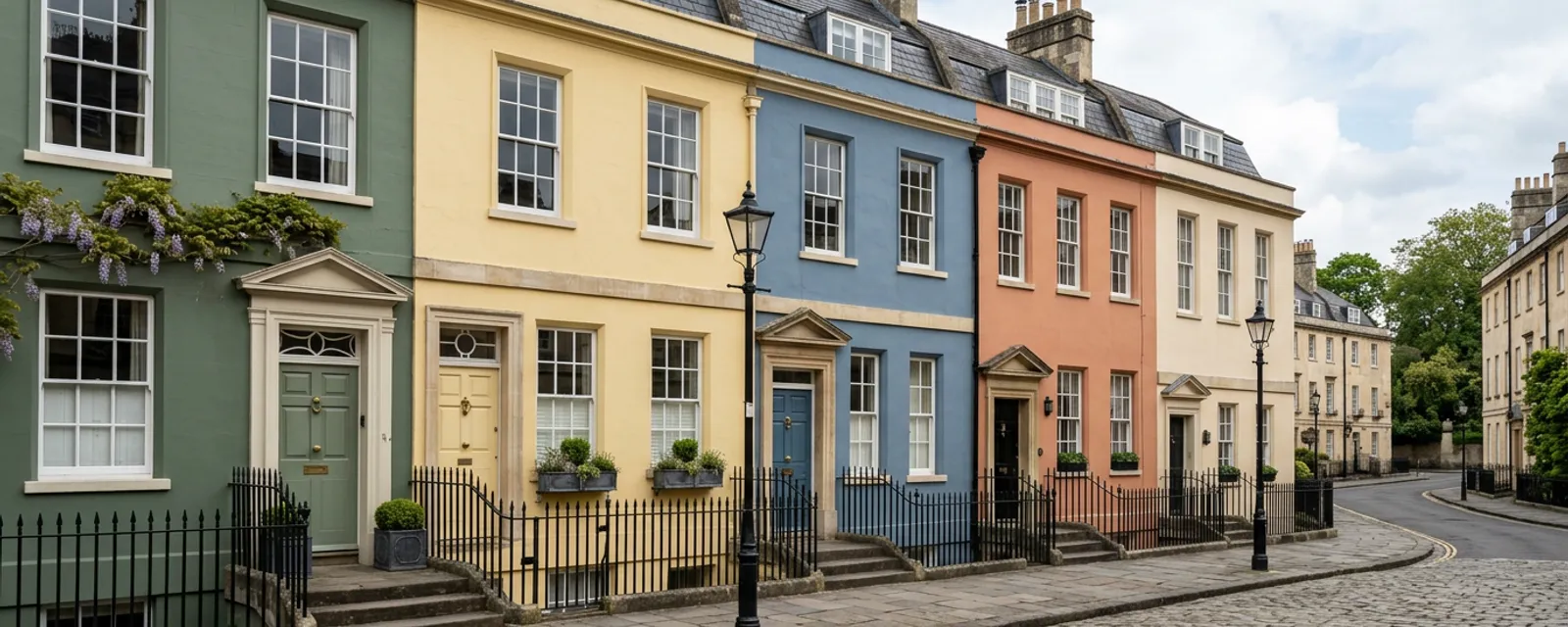A row of colourful Georgian townhouses with black railings on a cobbled English street