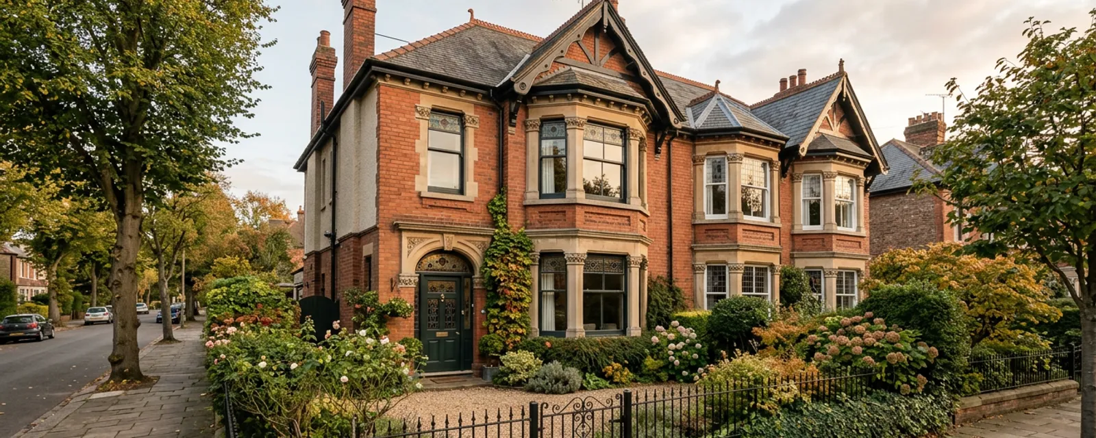 A Victorian semi-detached house with bay windows and a front garden in an English suburb